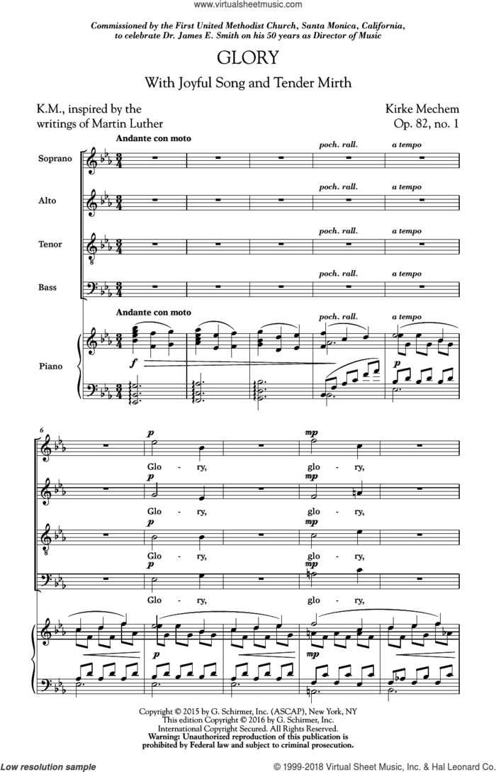 Glory (With Joyful Song And Tender Mirth) sheet music for choir (SATB: soprano, alto, tenor, bass) by Kirke Mechem, intermediate skill level