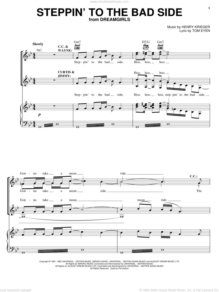 Steppin' To The Bad Side sheet music for voice, piano or guitar by Tom Eyen, Dreamgirls (Musical) and Henry Krieger, intermediate skill level