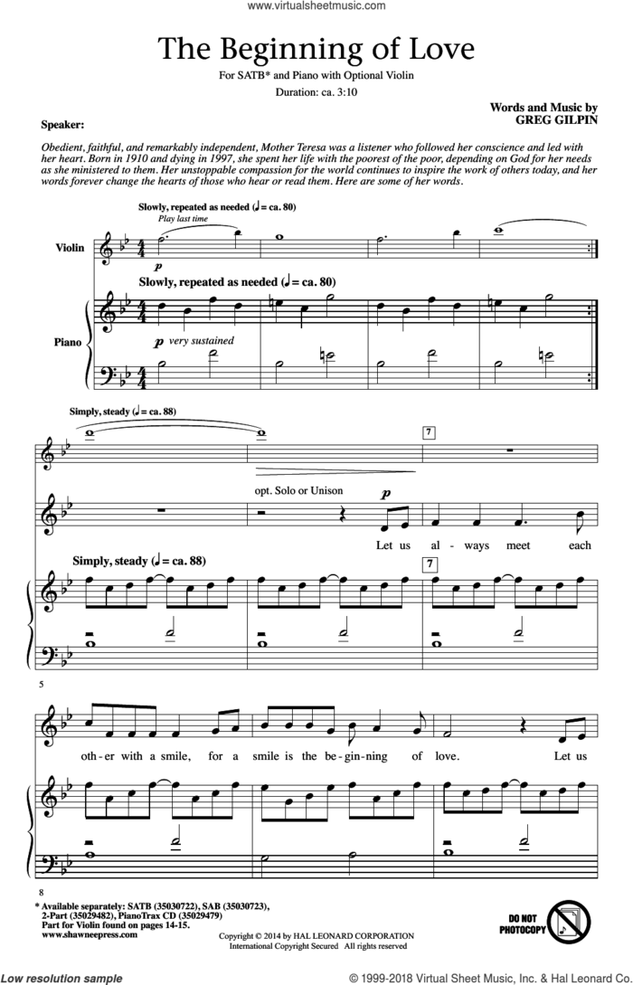 The Beginning Of Love sheet music for choir (SATB: soprano, alto, tenor, bass) by Greg Gilpin, intermediate skill level