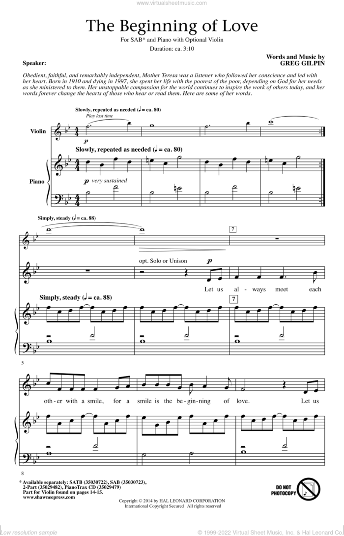 The Beginning Of Love sheet music for choir (SAB: soprano, alto, bass) by Greg Gilpin, intermediate skill level