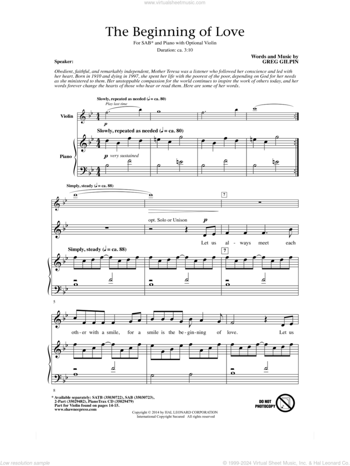 The Beginning Of Love sheet music for choir (SAB: soprano, alto, bass) by Greg Gilpin, intermediate skill level