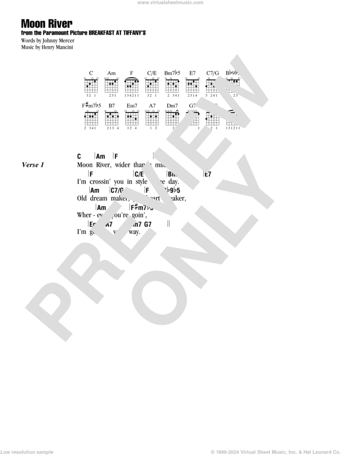 Moon River sheet music for guitar (chords) by Henry Mancini, Andy Williams and Johnny Mercer, wedding score, intermediate skill level