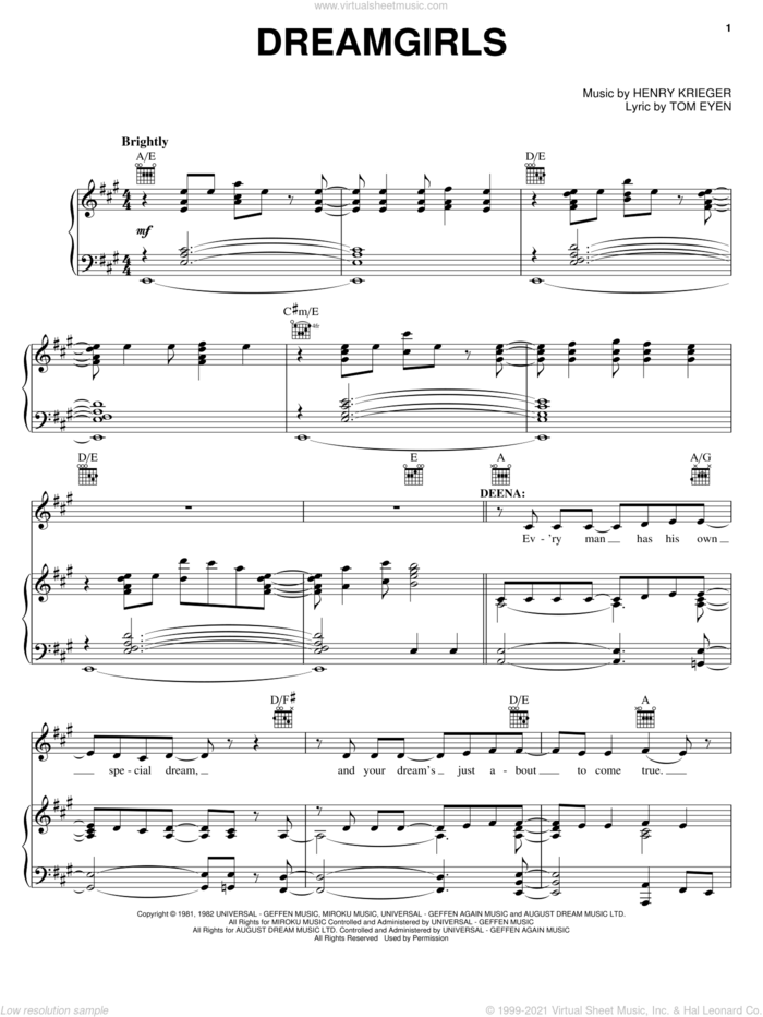 Dreamgirls sheet music for voice, piano or guitar by Tom Eyen, Dreamgirls (Movie), Dreamgirls (Musical) and Henry Krieger, intermediate skill level