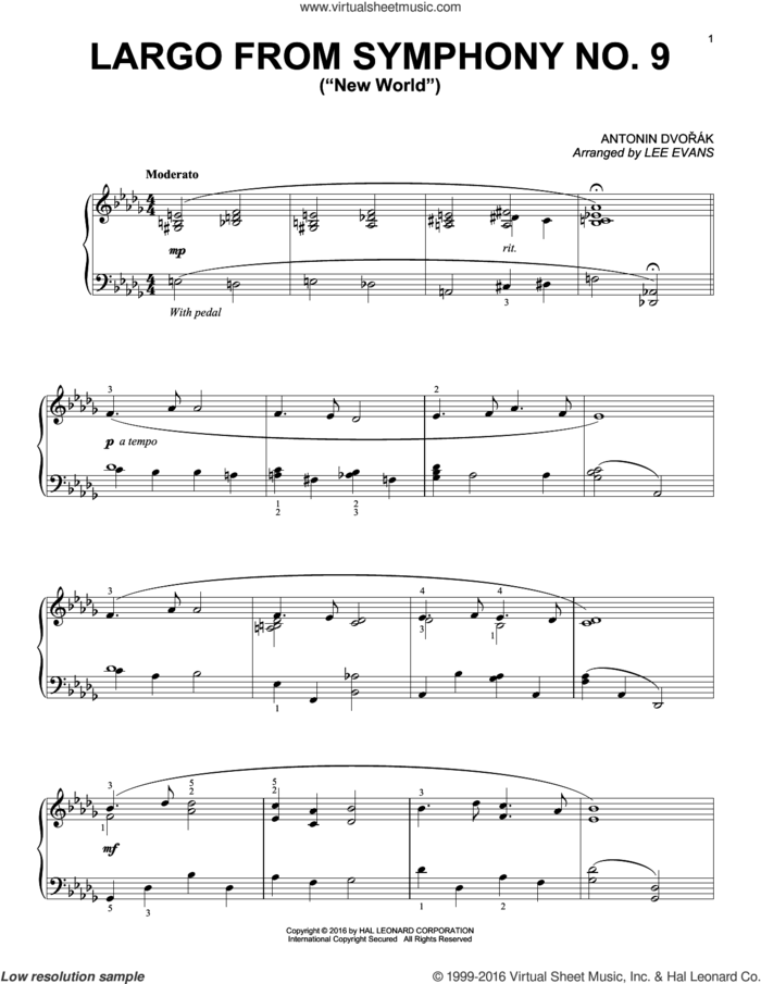 Largo From Symphony No. 9 ('New World') (arr. Lee Evans) sheet music for piano solo by Antonin Dvorak, Lee Evans and Antonin Dvorak, classical score, intermediate skill level