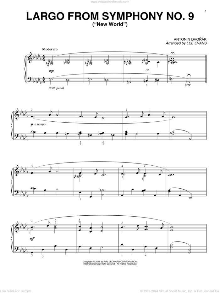 Largo From Symphony No. 9 ('New World') (arr. Lee Evans) sheet music for piano solo by Antonin Dvorak, Lee Evans and Antonin Dvorak, classical score, intermediate skill level