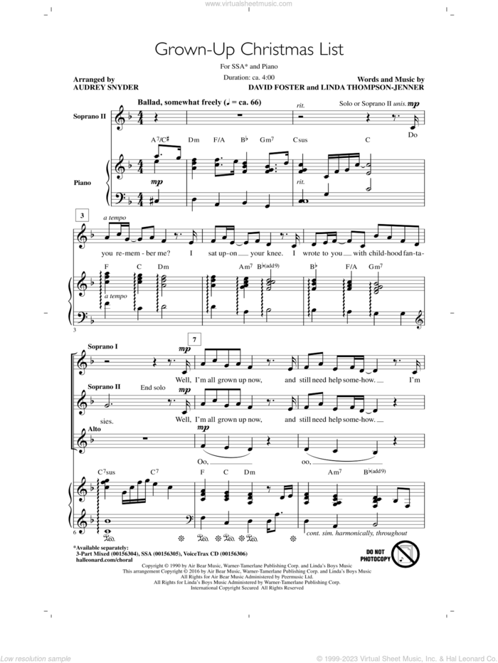 Grown-Up Christmas List (arr. Audrey Snyder) sheet music for choir (SSA: soprano, alto) by David Foster, Audrey Snyder, Amy Grant and Linda Thompson-Jenner, intermediate skill level