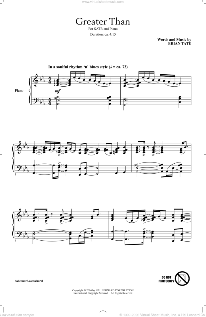 Greater Than sheet music for choir (SATB: soprano, alto, tenor, bass) by Brian Tate, intermediate skill level