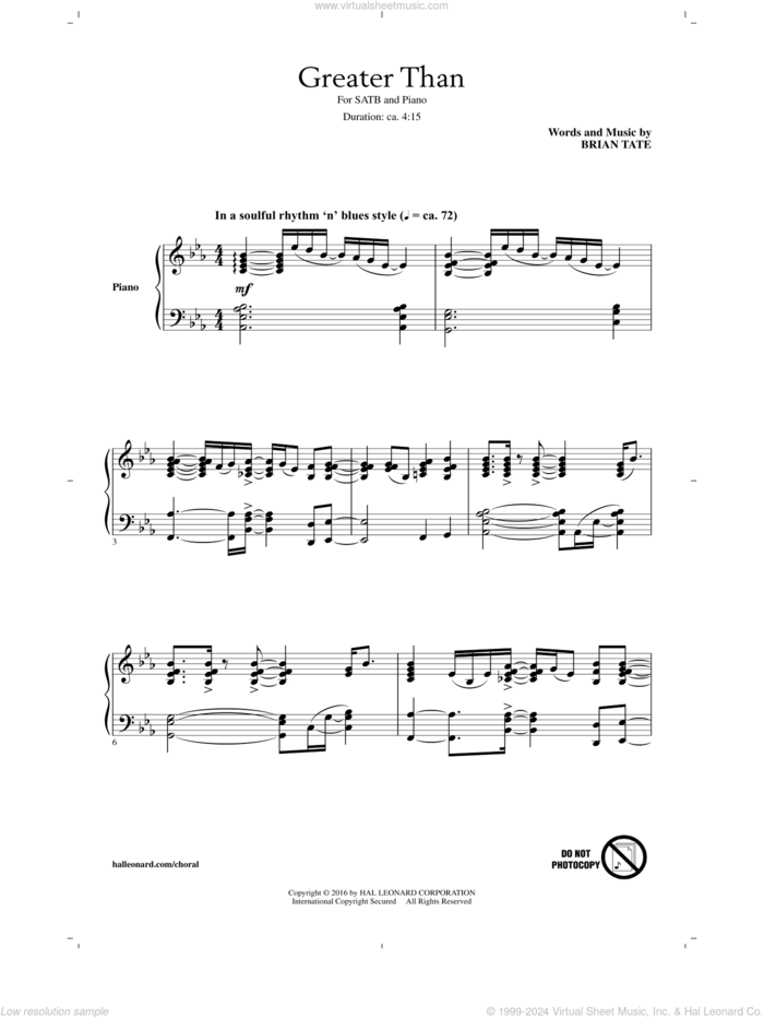 Greater Than sheet music for choir (SATB: soprano, alto, tenor, bass) by Brian Tate, intermediate skill level