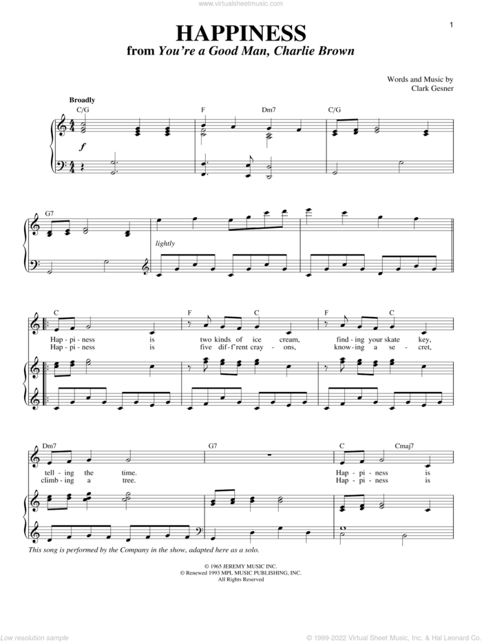 Happiness sheet music for voice and piano by Clark Gesner, intermediate skill level