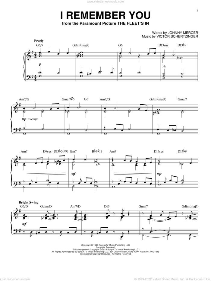 I Remember You [Jazz version] (arr. Brent Edstrom) sheet music for piano solo by Johnny Mercer, Jo Stafford and Victor Schertzinger, intermediate skill level