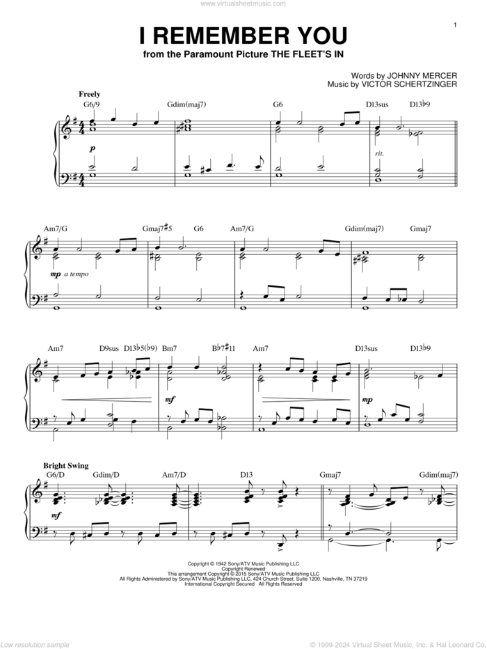 I Remember You [Jazz version] (arr. Brent Edstrom) sheet music for piano solo by Johnny Mercer, Jo Stafford and Victor Schertzinger, intermediate skill level