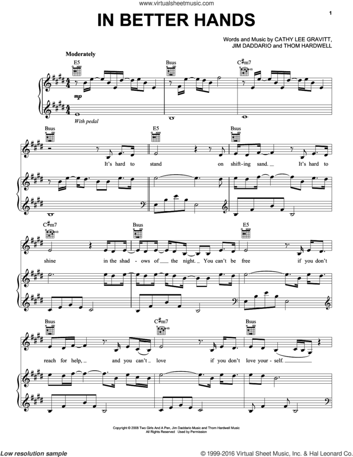 In Better Hands sheet music for voice, piano or guitar by Natalie Grant, Cathy Lee Gravitt, Jim Daddario and Thom Hardwell, intermediate skill level