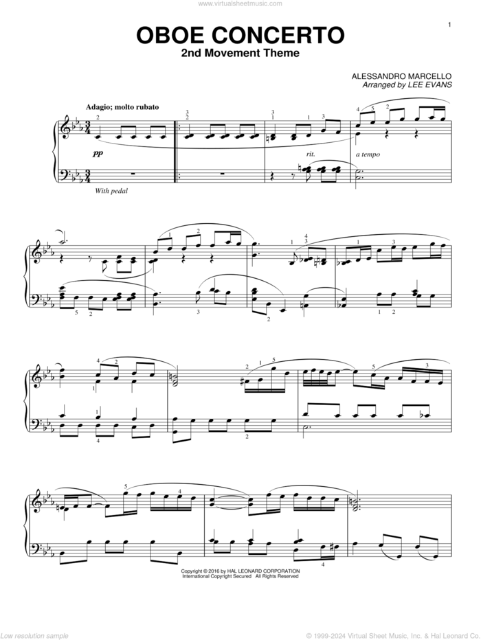 Oboe Concerto In C Minor, 2nd Movement (arr. Lee Evans) sheet music for piano solo by Alessandro Marcello and Lee Evans, classical score, intermediate skill level