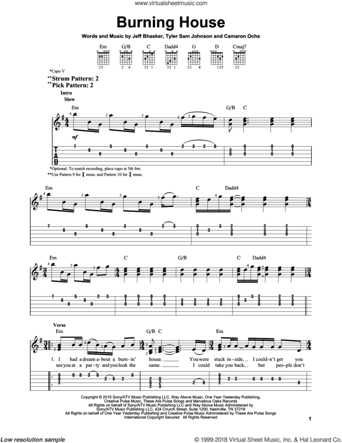 Burning House sheet music for guitar solo (easy tablature) by Cam, Camaron Ochs, Jeffrey Bhasker and Tyler Sam Johnson, easy guitar (easy tablature)