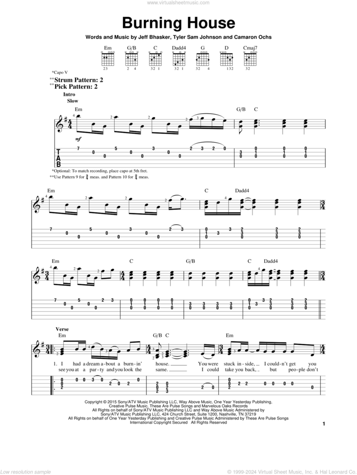 Burning House sheet music for guitar solo (easy tablature) by Cam, Camaron Ochs, Jeffrey Bhasker and Tyler Sam Johnson, easy guitar (easy tablature)