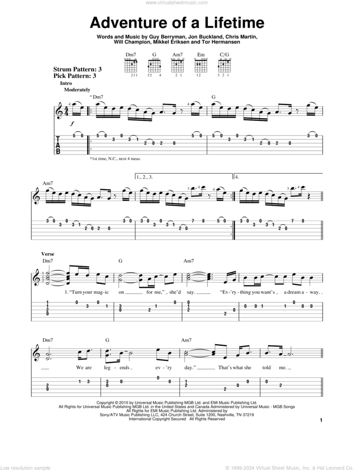 Adventure Of A Lifetime sheet music for guitar solo (easy tablature) by Guy Berryman, Coldplay, Chris Martin, Jon Buckland, Mikkel Eriksen, Tor Erik Hermansen and Will Champion, easy guitar (easy tablature)