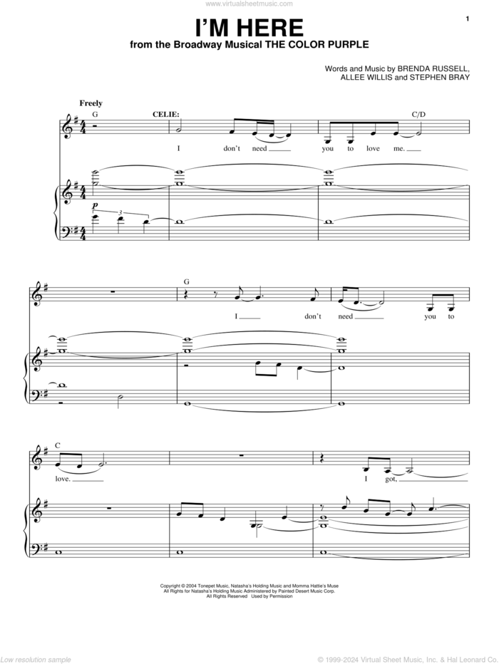 I'm Here sheet music for voice and piano by The Color Purple (Musical), Allee Willis, Brenda Russell and Stephen Bray, intermediate skill level