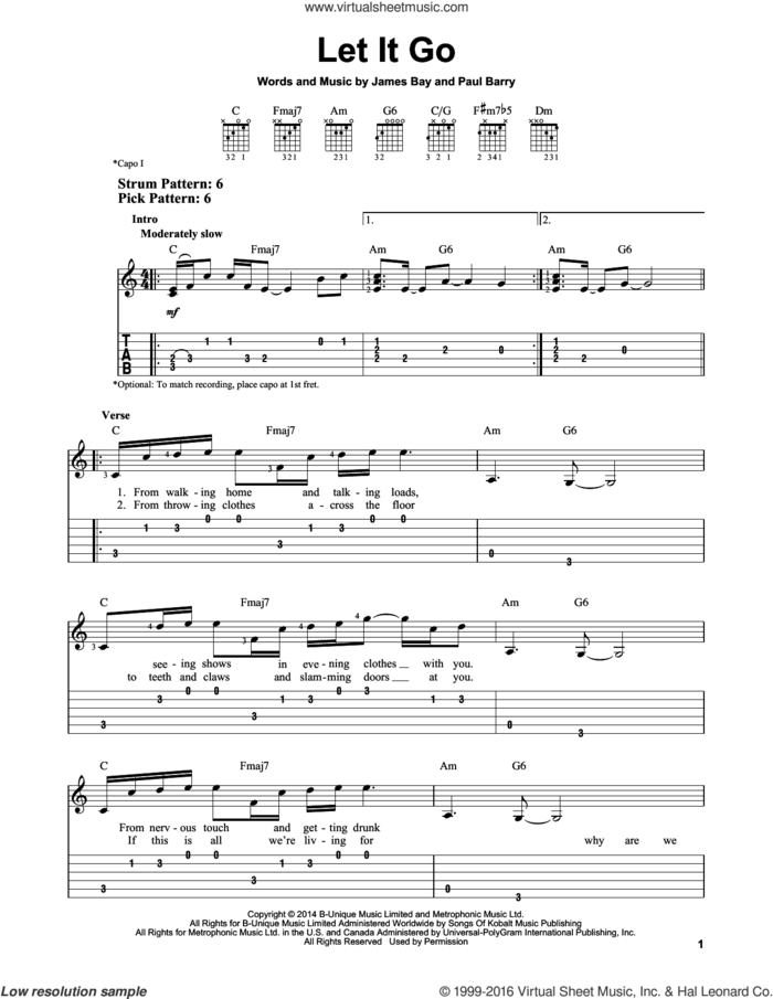 Let It Go sheet music for guitar solo (easy tablature) by James Bay and Paul Barry, easy guitar (easy tablature)
