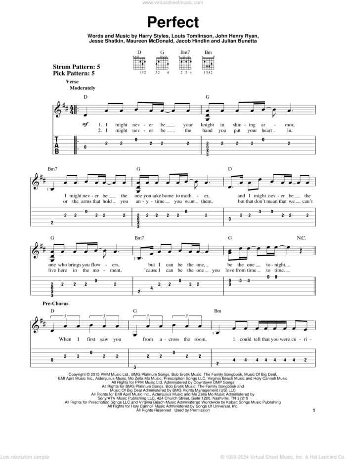 Perfect sheet music for guitar solo (easy tablature) by One Direction, Harry Styles, Jacob Hindlin, Jesse Shatkin, John Henry Ryan, Julian Bunetta, Louis Tomlinson and Maureen Mcdonald, easy guitar (easy tablature)