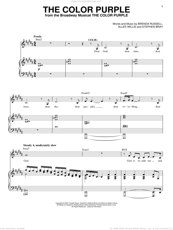 The Color Purple sheet music for voice and piano by Allee Willis, Brenda Russell and Stephen Bray, intermediate skill level
