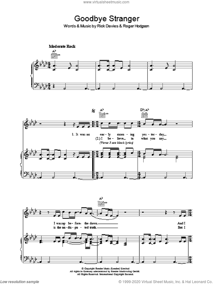 Goodbye Stranger sheet music for voice, piano or guitar by Supertramp, Rick Davies and Roger Hodgson, intermediate skill level