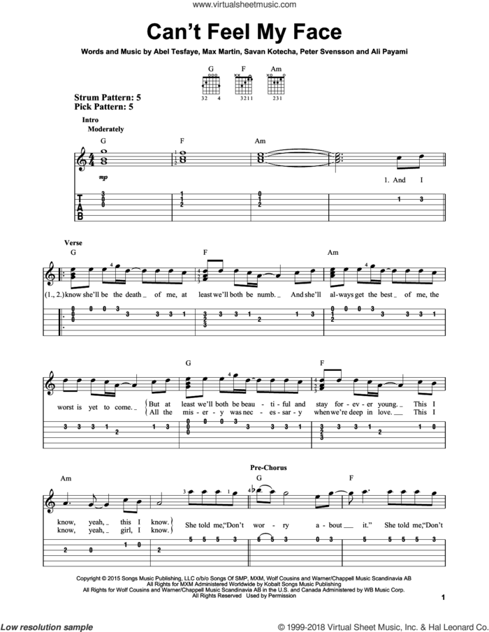 Can't Feel My Face sheet music for guitar solo (easy tablature) by The Weeknd, Abel Tesfaye, Ali Payami, Max Martin, Peter Svensson and Savan Kotecha, easy guitar (easy tablature)