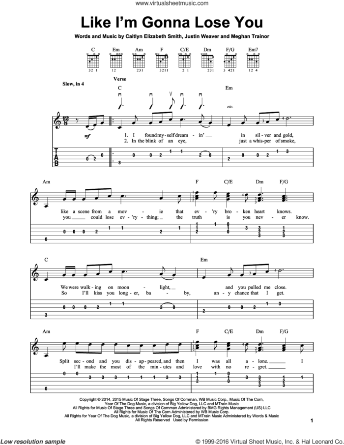 Like I'm Gonna Lose You sheet music for guitar solo (easy tablature) by Meghan Trainor, Caitlyn Elizabeth Smith and Justin Weaver, easy guitar (easy tablature)
