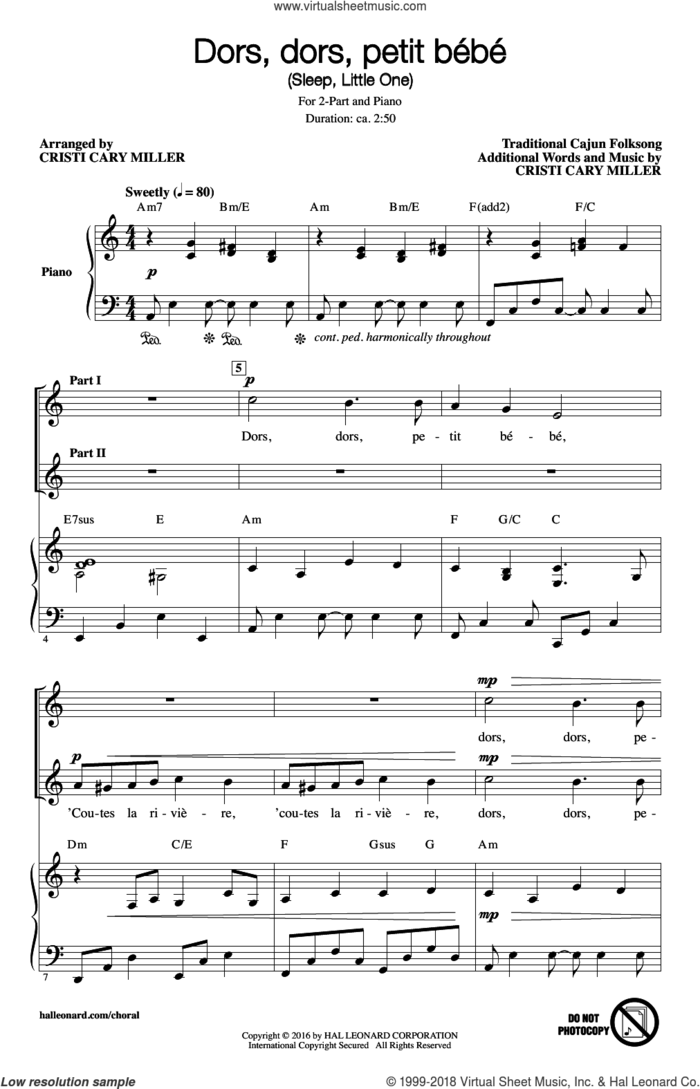 Dors, Dors, Petit Bebe (Sleep, Little One) sheet music for choir (2-Part) by Cristi Cary Miller and Traditional Cajun Folksong, intermediate duet
