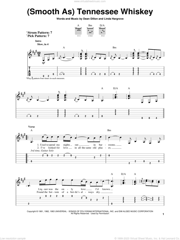 (Smooth As) Tennessee Whiskey sheet music for guitar solo (easy tablature) by Chris Stapleton, George Jones, Dean Dillon and Linda Hargrove, easy guitar (easy tablature)