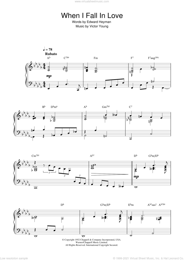 When I Fall In Love, (intermediate) sheet music for piano solo by Victor Young, Nat King Cole and Edward Heyman, intermediate skill level