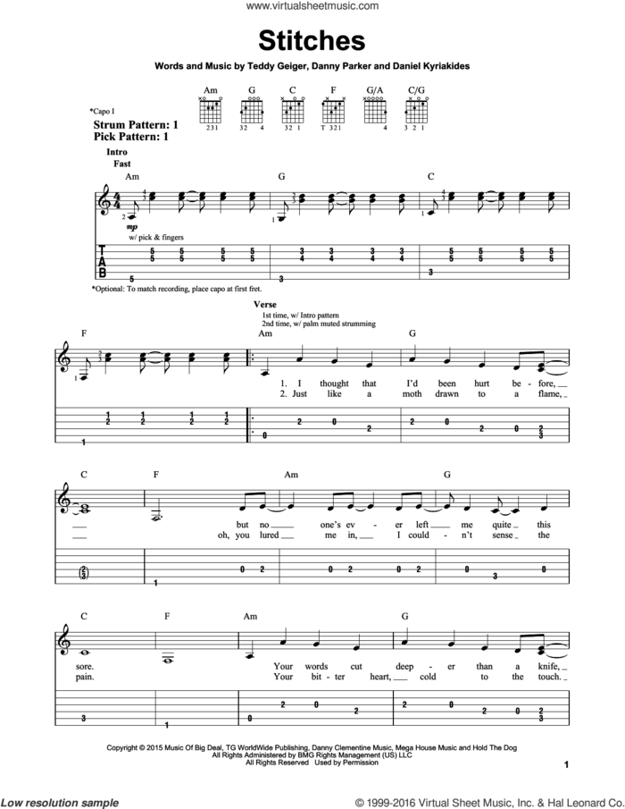 Stitches sheet music for guitar solo (easy tablature) by Shawn Mendes, Daniel Kyriakides, Danny Parker and Teddy Geiger, easy guitar (easy tablature)