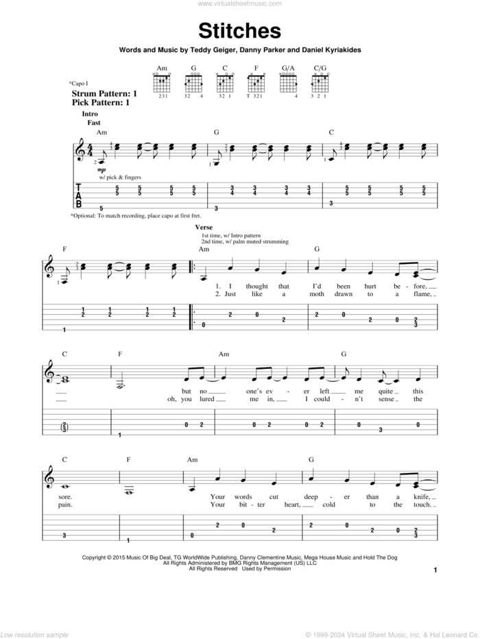 Stitches sheet music for guitar solo (easy tablature) by Shawn Mendes, Daniel Kyriakides, Danny Parker and Teddy Geiger, easy guitar (easy tablature)