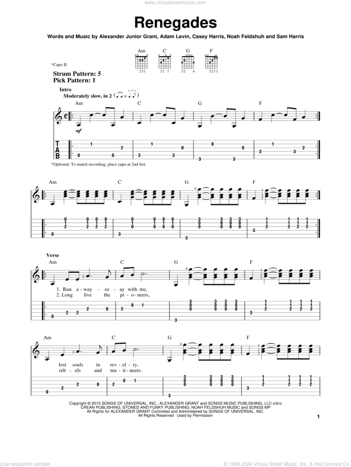 Renegades sheet music for guitar solo (easy tablature) by X Ambassadors, Adam Levin, Alexander Junior Grant, Casey Harris, Noah Feldshuh and Samuel Harris, easy guitar (easy tablature)