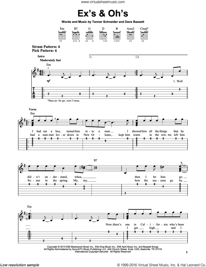 Ex's and Oh's sheet music for guitar solo (easy tablature) by Elle King, Dave Bassett and Tanner Schneider, easy guitar (easy tablature)