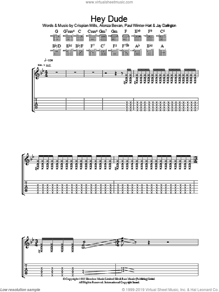 Hey Dude sheet music for guitar (tablature) by Kula Shaker, Alonza Bevan, Crispian Mills, Jay Darlington and Paul Winter-Hart, intermediate skill level