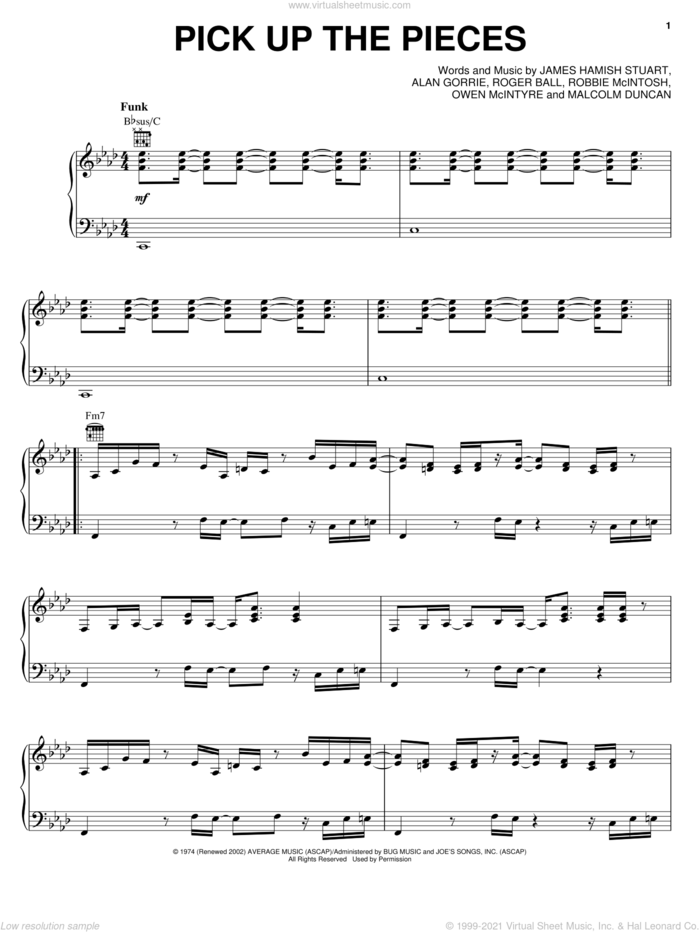 Pick Up The Pieces sheet music for voice, piano or guitar by Average White Band, Alan Gorrie, James Hamish Stuart and Malcolm Duncan, intermediate skill level
