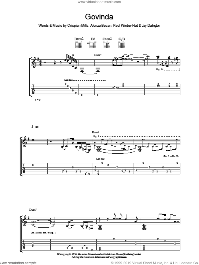 Govinda sheet music for guitar (tablature) by Kula Shaker, Alonza Bevan, Crispian Mills, Jay Darlington and Paul Winter-Hart, intermediate skill level