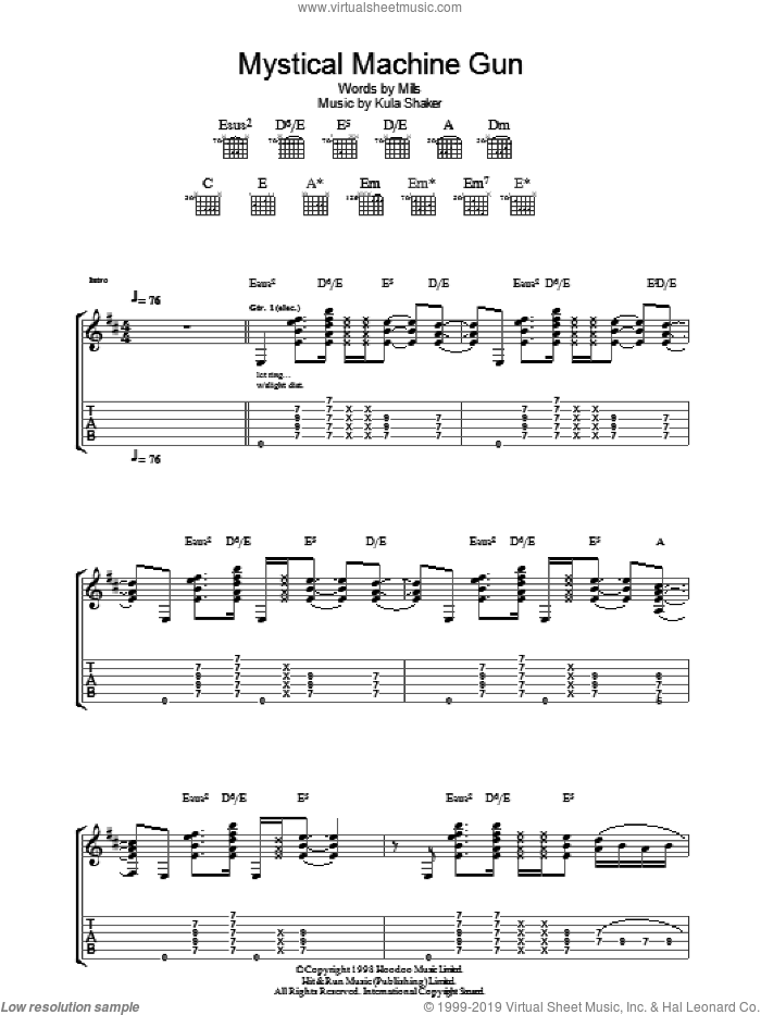 Mystical Machine Gun sheet music for guitar (tablature) by Kula Shaker, Alonza Bevan, Crispian Mills, Jay Darlington and Paul Winter-Hart, intermediate skill level