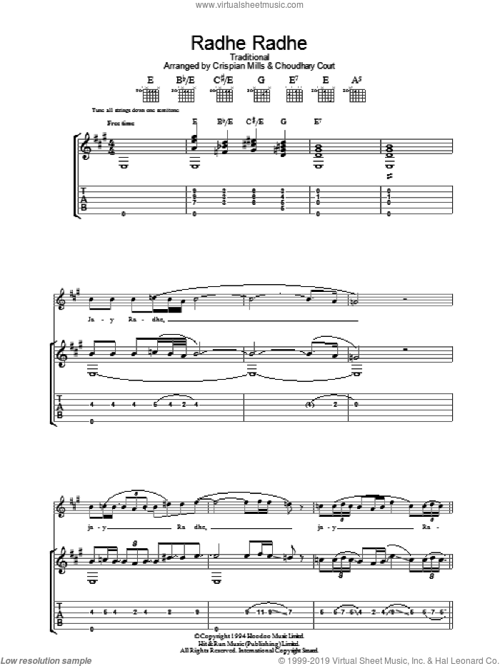 Radhe Radhe sheet music for guitar (tablature) by Kula Shaker, Choudhary Court, Crispian Mills and Miscellaneous, intermediate skill level