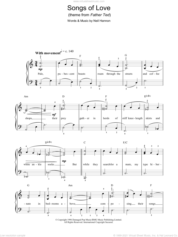 Songs Of Love (Theme from Father Ted) sheet music for voice, piano or guitar by The Divine Comedy and Neil Hannon, intermediate skill level
