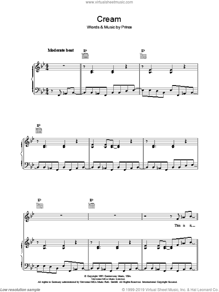 Cream sheet music for voice, piano or guitar by Prince, intermediate skill level