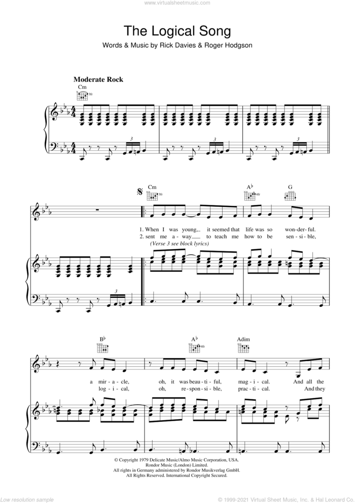 The Logical Song sheet music for voice, piano or guitar by Supertramp, Rick Davies and Roger Hodgson, intermediate skill level