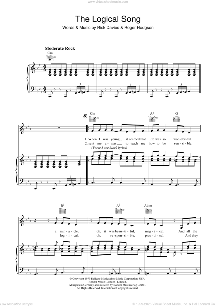 The Logical Song sheet music for voice, piano or guitar by Supertramp, Rick Davies and Roger Hodgson, intermediate skill level