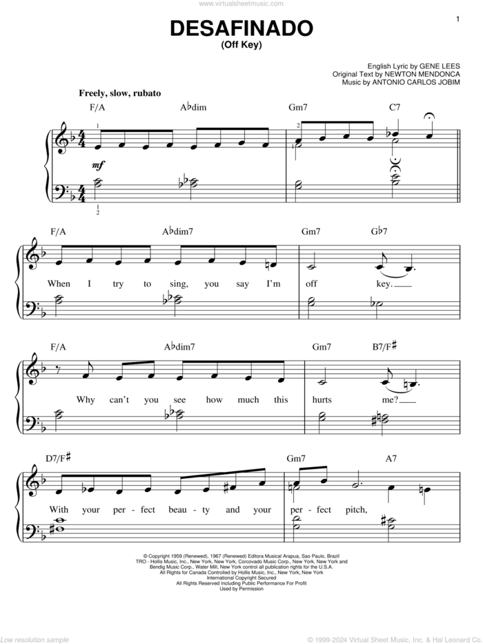 Desafinado (Off Key) sheet music for piano solo by Antonio Carlos Jobim, Eugene John Lees and Newton Mendonca, easy skill level