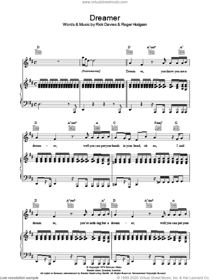 Dreamer sheet music for voice, piano or guitar by Supertramp, Rick Davies and Roger Hodgson, intermediate skill level