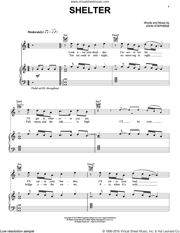 Shelter sheet music for voice, piano or guitar by John Legend and John Stephens, intermediate skill level