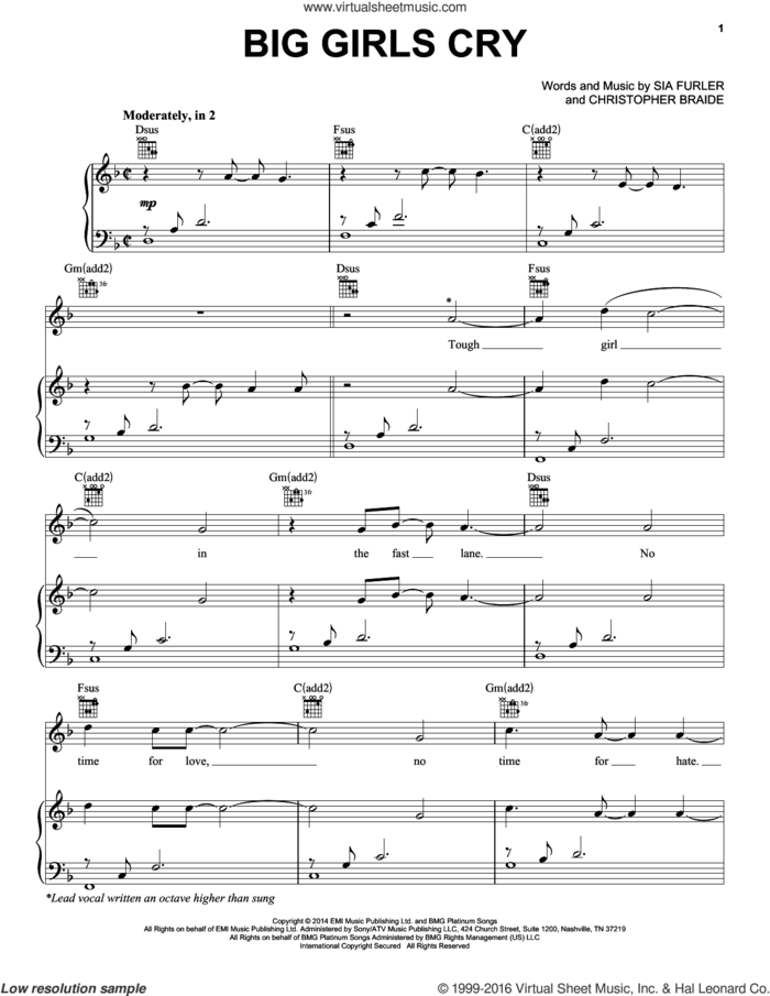 Big Girls Cry sheet music for voice, piano or guitar by Sia, Chris Braide and Sia Furler, intermediate skill level