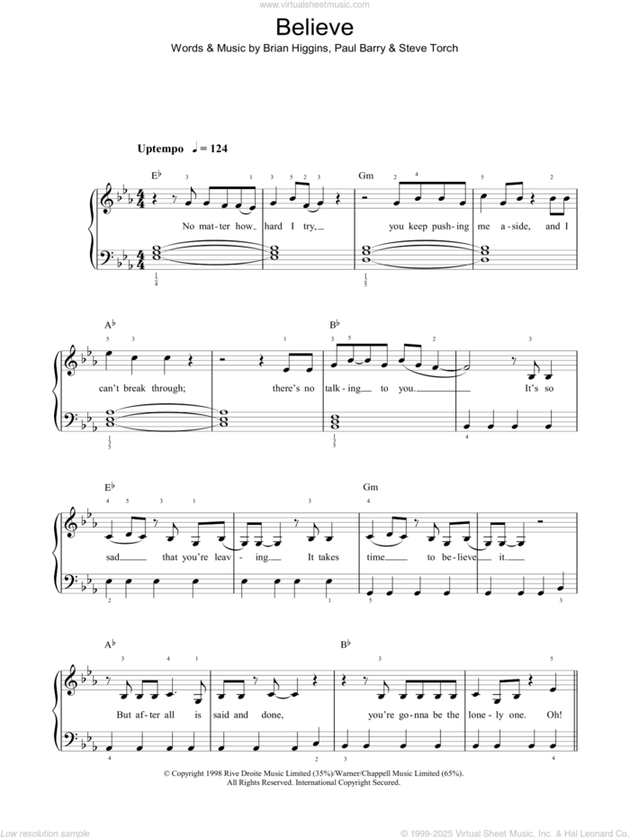 Believe sheet music for piano solo by Cher, Brian Higgins, Paul Barry and Steve Torch, easy skill level