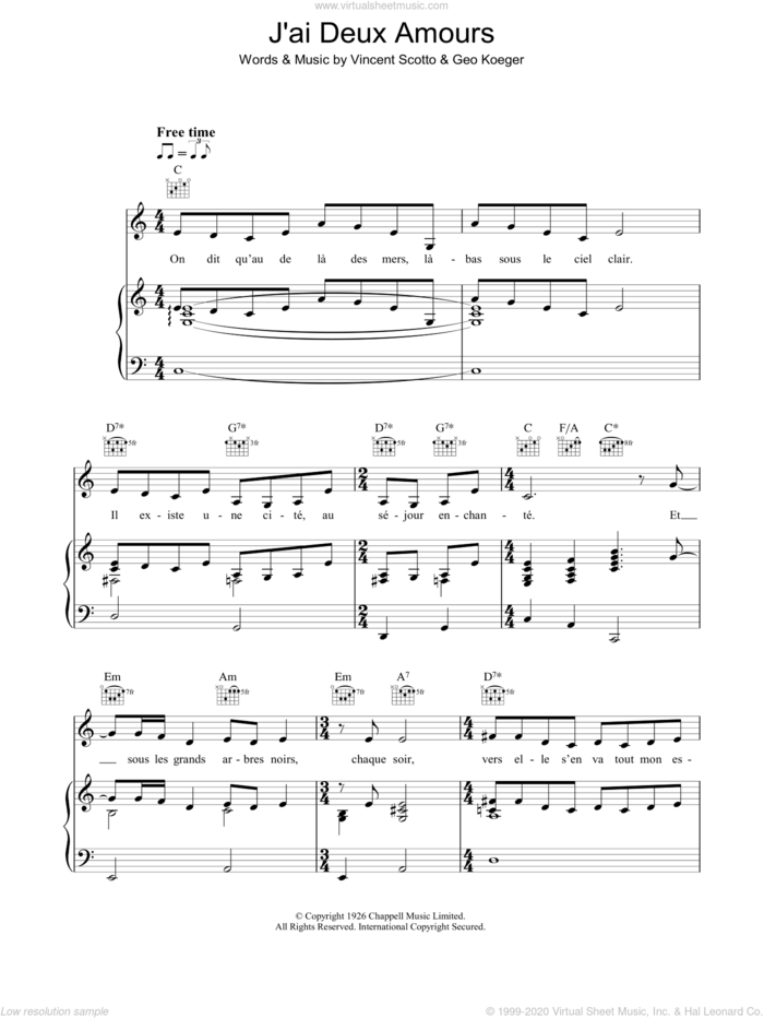 J'ai Deux Amours sheet music for voice, piano or guitar by Madeleine Peyroux, Geo Koeger and Vincent Scotto, intermediate skill level