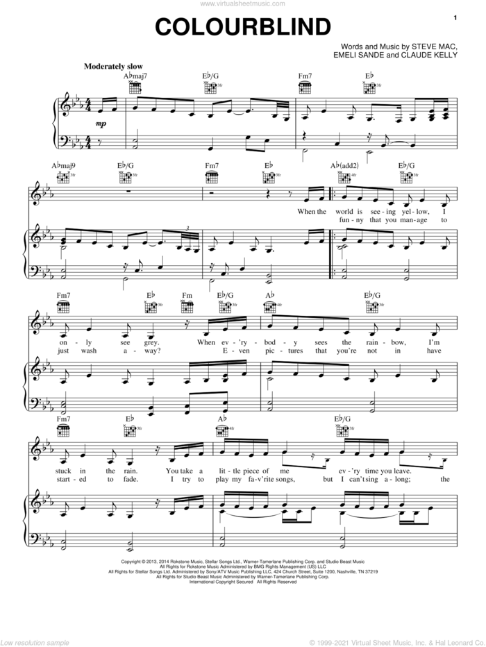 Colourblind sheet music for voice, piano or guitar by Glee Cast featuring Amber Riley, Claude Kelly, Emeli Sande and Steve Mac, intermediate skill level